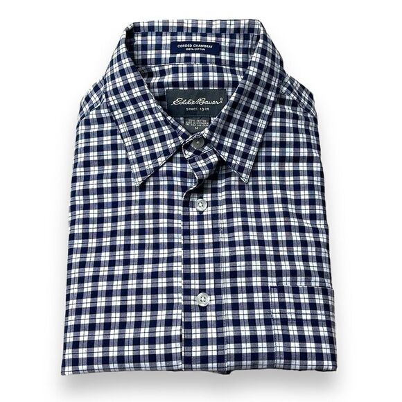 Eddie Bauer Shirt Mens Medium M Black‎ Plaid Chambray Short Sleeve Button Down - Picture 1 of 7